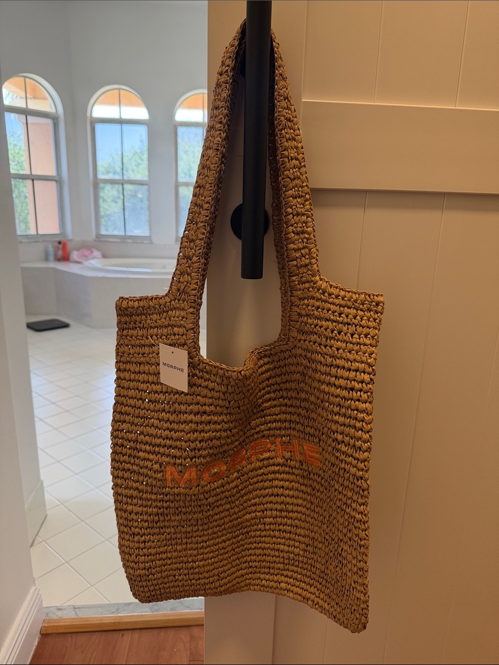 Morphe Woven Straw Tote in Tan with Orange Logo